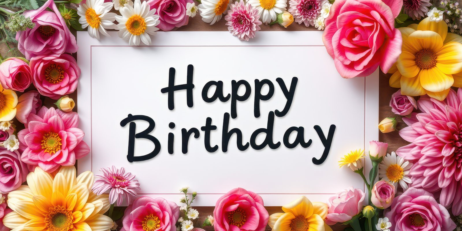 Happy birthday greeting with colorful floral arrangement in a vibrant celebration setup
